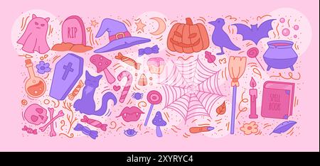 Set di simpatici personaggi ed elementi di Halloween. Gatto baby fantasmi per la festa di Halloween. Illustrazione Vettoriale