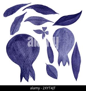 Un set monocromatico con due melograni e foglie in tonalità grigio-viola. Acquerello dipinto a mano, ideale per design sofisticati e blog alimentari Foto Stock