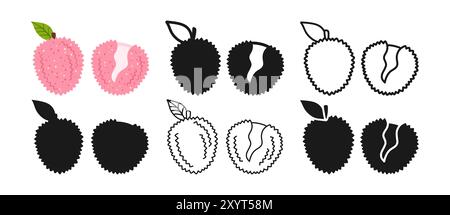 Set cartoni animati simbolo Lychee. Icona lichi lineare rossa intera e tagliata. Frutta asiatica astratta e colorata, disegnata a mano per bambini. Firma il testo grafico sagoma stilizzata della silhouette, semplice illustrazione vettoriale Illustrazione Vettoriale