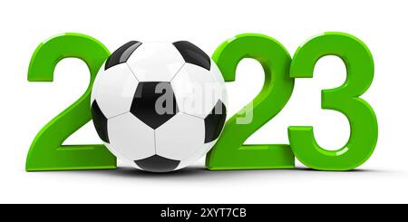 Green 2023 con calcio isolato su sfondo bianco, rappresenta il campionato di calcio 2023, rendering tridimensionale, illustrazione 3D. Foto Stock