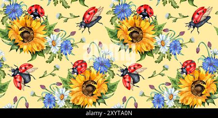 Girasole, margherite, fiordaliso, boccioli e coccinelle su sfondo di pesca, illustrazione acquerello. Festival del raccolto. Il bouquet è isolato Foto Stock