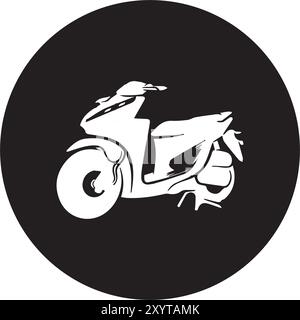 Un'illustrazione a forma di silhouette di uno scooter automatico bianco inserito in un cerchio nero. Il design è minimalista. Illustrazione Vettoriale