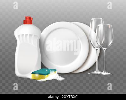 illustrazione realistica 3d. Detersivo per piatti, spugna e piatti con bicchieri. Isolato. Illustrazione Vettoriale