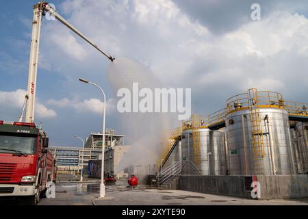 HEFEI, CINA - 30 AGOSTO 2024 - i vigili del fuoco combattono un incendio nel sito di un'esercitazione di emergenza per la produzione di sostanze chimiche pericolose in un parco chimico in Foto Stock