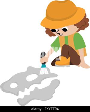 Icona del paleontologo vettoriale. Archeologa dei cartoni animati ragazza clipart in cappello per la pulizia delle ossa di dinosauro. Archeologo o esploratore di dinosauri storici o scienziato degli scavi Illustrazione Vettoriale