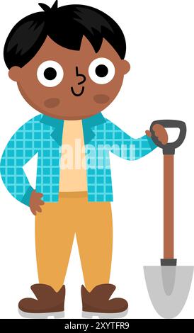 Icona del paleontologo vettoriale. Archeologo cartoon clipart ragazzo in stivali marroni con pala. Archeologo o esploratore di dinosauri storici o scienziato degli scavi Illustrazione Vettoriale