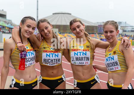 Luna FISCHER (VfL Eintracht Hannover), Pauline RICHTER (1. LAV Rostock), Johanna MARTIN (1. LAV Rostock) e Jana Marie BECKER (Koenigsteiner LV), GERMANIA, 4x400 m staffetta femminile PER, Leichtathletik, Athletics, U20 World Athletics Championships Lima 24, U20 Leichtathletik Weltmeisterschaften, 30.08.2024, Press-Foefuss Foto Stock