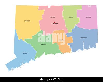 Connecticut, stato degli Stati Uniti, suddiviso in 8 contee, mappa politica multicolore con la capitale Hartford, confini e nomi di contea. Foto Stock