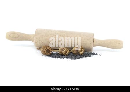 Cialde di papavero essiccate e semi di papavero davanti al mattolino isolato su sfondo bianco, profondità di campo completa Foto Stock