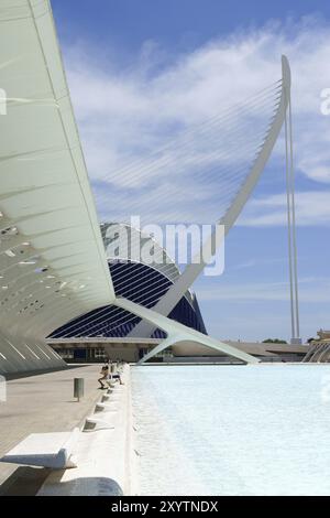 Valencia, Spagna, 01 giugno 2010: Dettaglio del Museo delle Scienze Principe Felipe (a sinistra), ponte Assut de l'Or e sullo sfondo l'Agorà. Ten Foto Stock