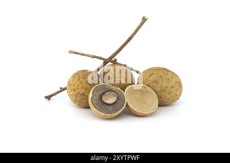 Frutti longan sul ramo, uno dei frutti è aperto, mostrando il suo seme nero all'interno, frutto dell'occhio di drago o bao longan Foto Stock