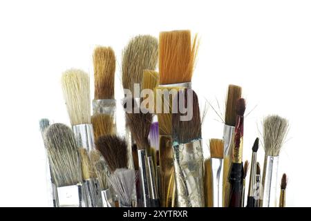 I pennelli di varie dimensioni e stili di setole includono piatti e rotondi e altri con manici in legno isolati su sfondo bianco Foto Stock
