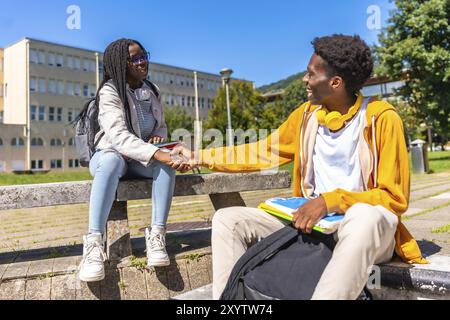 Studenti afroamericani che stringono la mano seduti sulle scale del campus Foto Stock