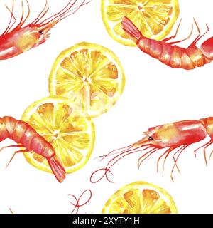 Un acquerello di seamless pattern con gamberi e limoni su uno sfondo bianco, un pesce fresco ripeti stampa Foto Stock