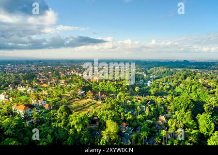 Vista aerea della città di Ubud vicino al Campuhan Ridge Walk. Bali, Indonesia. Foto Stock