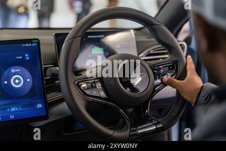 Johannesburg, Sudafrica. 30 agosto 2024. Un visitatore siede all'interno di un veicolo elettrico di BYD dalla Cina durante il Festival del Motoring a Johannesburg, Sud Africa, 30 agosto 2024. Questo evento si terrà qui dal 30 agosto al 1 settembre. Crediti: Zhang Yudong/Xinhua/Alamy Live News Foto Stock