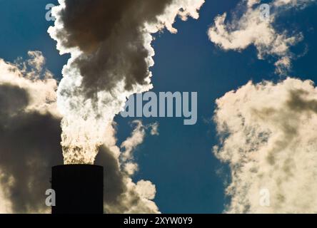 Gas di scarico dal camino di una centrale elettrica alimentata a lignite Foto Stock