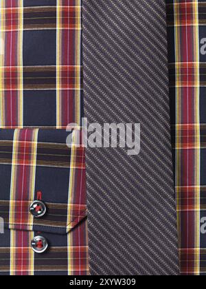 Primo piano di una mens tartan maglietta a collare con un sottile cravatta sfondo astratto Foto Stock