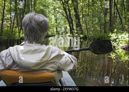 Donna che pagaia su un fiume nello Spreewald Foto Stock