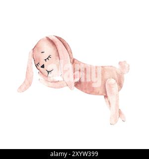 Ragazza di Pink Rabbit. Simpatico peluche per bambini. Illustrazione ad acquerello Lepre in stile vintage isolata su sfondo bianco. Elemento di design per bambini Foto Stock