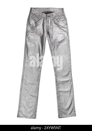 Pantaloni argentati alla moda isolati su sfondo bianco Foto Stock