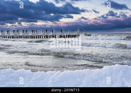 Groyne sulla costa baltica vicino a Zingst in inverno Foto Stock