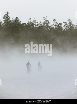 Ciclisti che attraversano una fitta nebbia vicino a una foresta, creando un'atmosfera misteriosa, due persone in bicicletta su una spiaggia nebbiosa, Tofino, Vancouver Island, Foto Stock