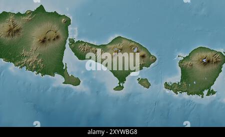 Pulau Bali nel Mare di Bali su una mappa colorata di altitudine Foto Stock
