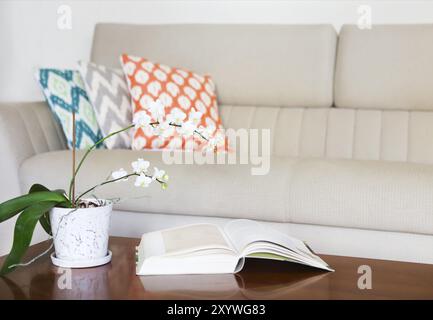 Bellissima orchidea bianca e il libro aperto sul tavolo di legno. Accogliente sala interna Foto Stock