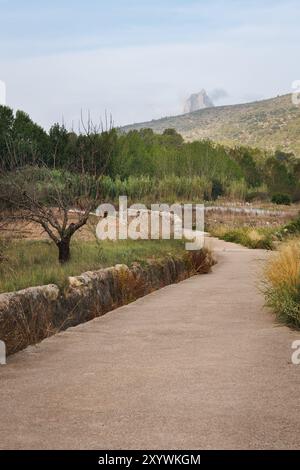 Strada di accesso all'area ricreativa Serpis a Lorcha con la vetta Benicadell sullo sfondo. Spagna Foto Stock