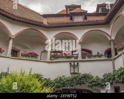 Cortile carismatico decorato con portici, balconi e fiori, Duernstein, Wachau, Danubio, Austria, Europa Foto Stock