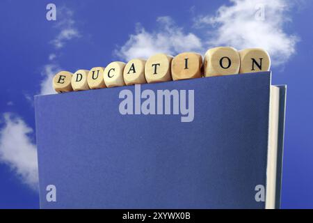 Messaggio educativo scritto con blocchi di legno in cima a un libro, cielo blu con nuvole, simbolo, concetto Foto Stock