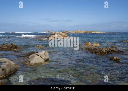 Gabbiani sulla cima di una roccia su una spiaggia selvaggia nel nord della Spagna con isole Cies sullo sfondo in Galizia Foto Stock