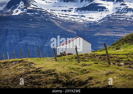 Capannone bianco con tetto rosso di fronte alle montagne innevate dell'Islanda Foto Stock