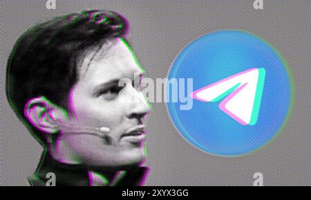 Ucraina, 31 agosto 2024: In questa foto c'è il logo delle applicazioni Telegram e una foto del fondatore Pavel Durov sulla sua pagina del Teleg Foto Stock