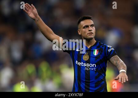 Milano, Italia. 30 agosto 2024. Lautaro Martinez del FC Internazionale gesti durante la partita di calcio di serie A tra FC Internazionale e Atalanta BC. Crediti: Nicolò campo/Alamy Live News Foto Stock