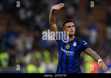 Milano, Italia. 30 agosto 2024. Lautaro Martinez del FC Internazionale gesti durante la partita di calcio di serie A tra FC Internazionale e Atalanta BC. Crediti: Nicolò campo/Alamy Live News Foto Stock