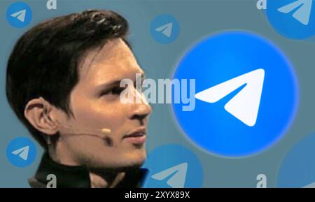 Ucraina, 31 agosto 2024: In questa foto c'è il logo delle applicazioni Telegram e una foto del fondatore Pavel Durov Foto Stock