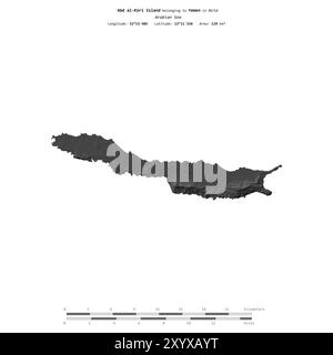 Isola Abd al-Kuri nel Mar Arabico, appartenente allo Yemen, isolata su una mappa di elevazione a due livelli, con scala di distanza Foto Stock