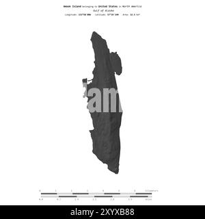 Isola di Amook nel Golfo dell'Alaska, appartenente agli Stati Uniti, isolata su una mappa di elevazione a due livelli, con scala di distanza Foto Stock