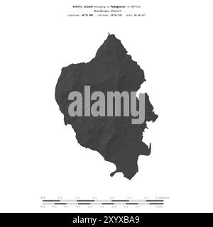 Isola di Ankify nel Canale del Mozambico, appartenente al Madagascar, isolata su una mappa di elevazione a due livelli, con scala di distanza Foto Stock