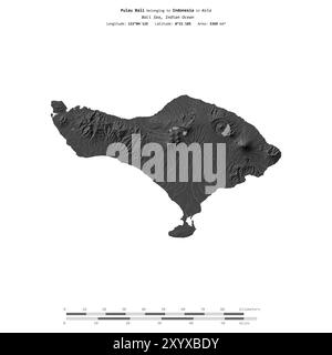 Pulau Bali nel mare di Bali, appartenente all'Indonesia, isolata su una mappa a due livelli, con scala di distanza Foto Stock