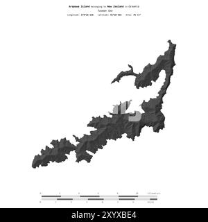 Isola di Arapawa nel Mare di Tasman, appartenente alla nuova Zelanda, isolata su una mappa di elevazione a due livelli, con scala di distanza Foto Stock