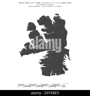 Isola di Bathurst nei passaggi nord-occidentali, appartenente al Canada, isolata su una mappa di elevazione a due livelli, con scala di distanza Foto Stock