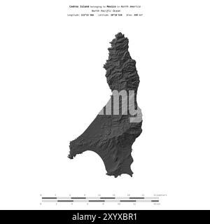 Cedros Island, nell'Oceano Pacifico settentrionale, appartenente al Messico, isolata su una mappa di elevazione a due livelli, con scala di distanza Foto Stock