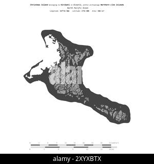 Christmas Island nell'Oceano Pacifico settentrionale, appartenente a Kiribati, isolata su una mappa di elevazione a due livelli, con scala di distanza Foto Stock