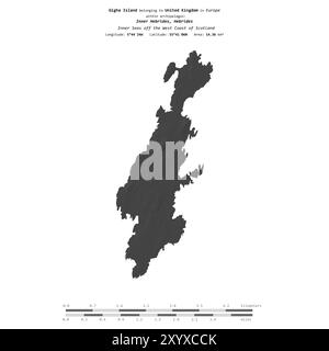 Isola di Gigha nel Mare interno al largo della costa occidentale della Scozia, appartenente al Regno Unito, isolata su una mappa di elevazione a due livelli, con scala di distanza Foto Stock