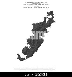 Isola di Hiradoshima nel Mar del Giappone, appartenente al Giappone, isolata su una mappa di elevazione a due livelli, con scala di distanza Foto Stock