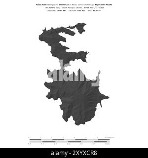 Pulau Kawe nel Mare di Halmahera, appartenente all'Indonesia, isolato su una mappa di elevazione a due livelli, con scala di distanza Foto Stock