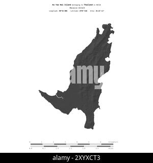 Isola di Ko Yao noi nello stretto di Malacca, appartenente alla Thailandia, isolata su una mappa di elevazione a due livelli, con scala di distanza Foto Stock